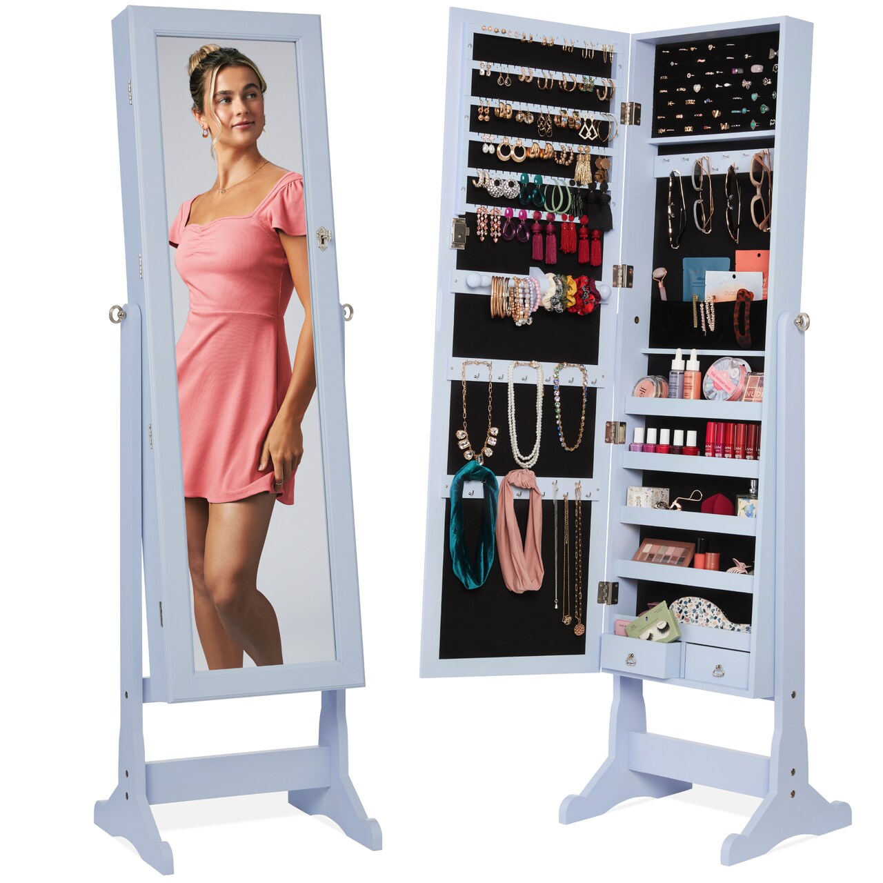 Best Choice Products Jewelry Armoire Cabinet, Full Length Mirror w/ Velvet Storage Interior, Lock